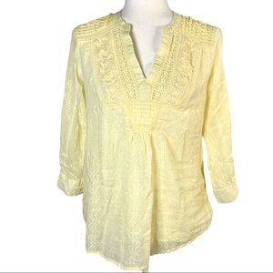 Rebecca Malone Buttery Yellow Pullover Tunic Pintuck Embroidery Lace Size Small